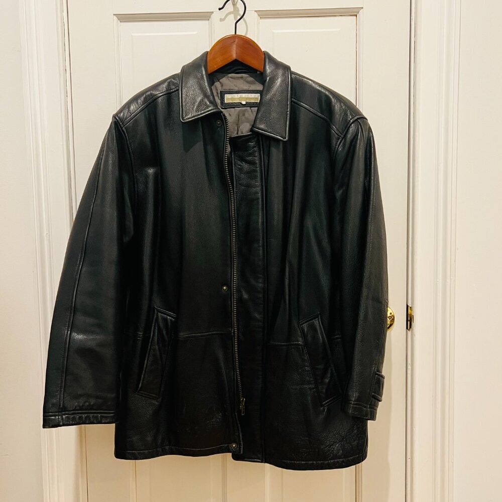 Vintage 90's Perry Ellis Mens Classic Heavyweight Leather Jacket Black Large - Picture 9 of 16